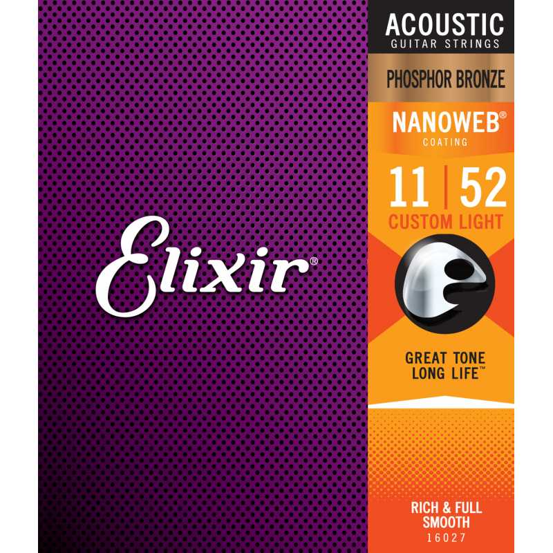 ELIXIR 16027 Nanoweb Custom Light Acoustic Phosphor Bronze 11-52